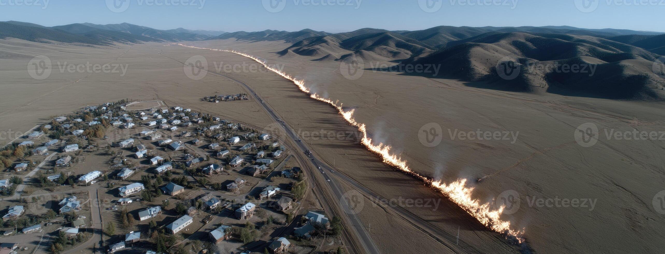 An aerial view of a desert with houses and a fire photo