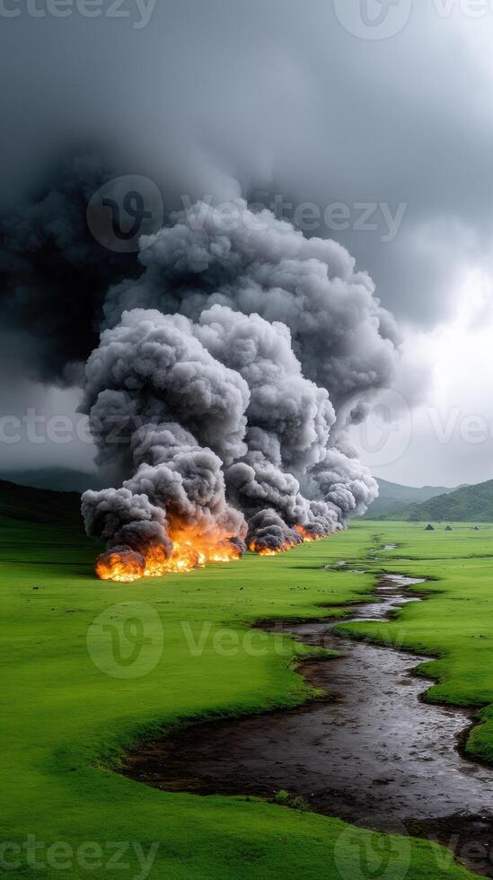 A large fire is burning in the middle of a field photo