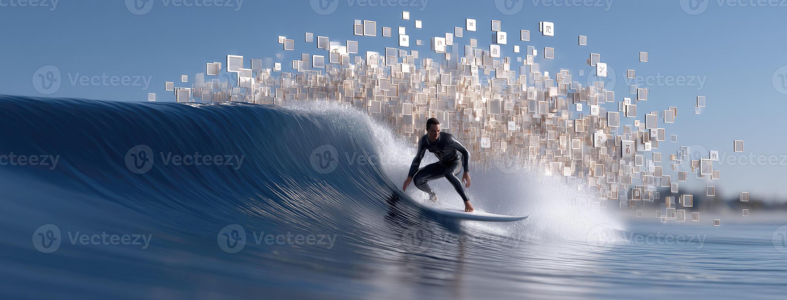 A man riding a wave on a surfboard with a bunch of money flying out of the water photo
