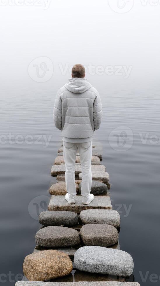 A man standing on a stone bridge over water photo