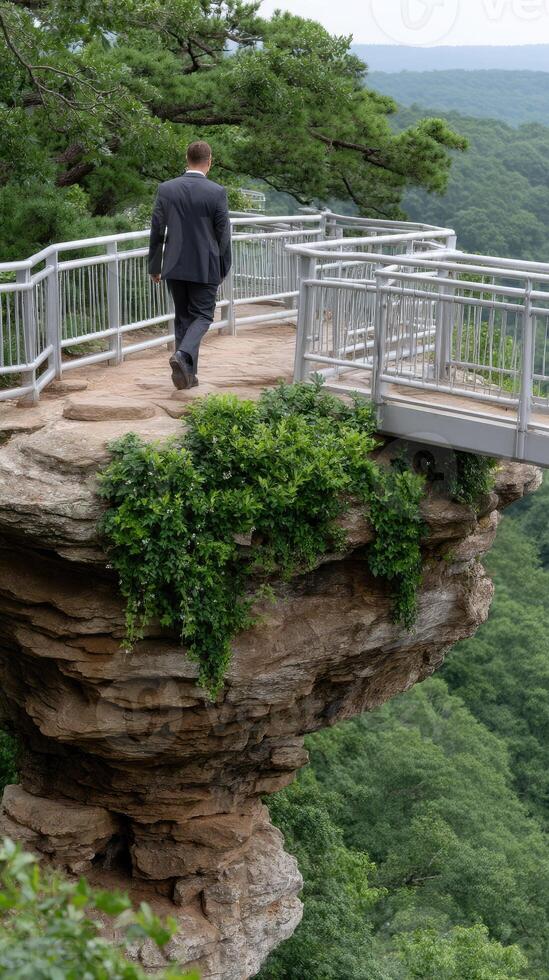 A man in a suit walks across a bridge over a cliff photo