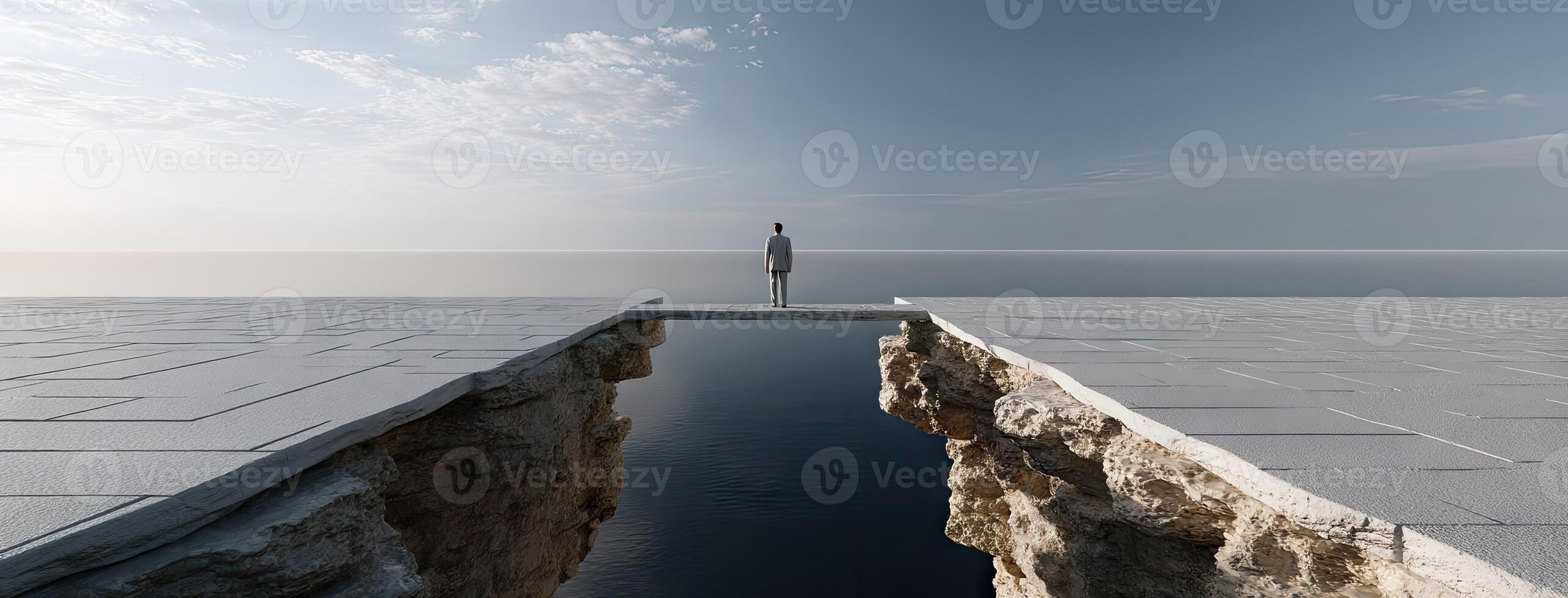 A man standing on a bridge over a large gap photo