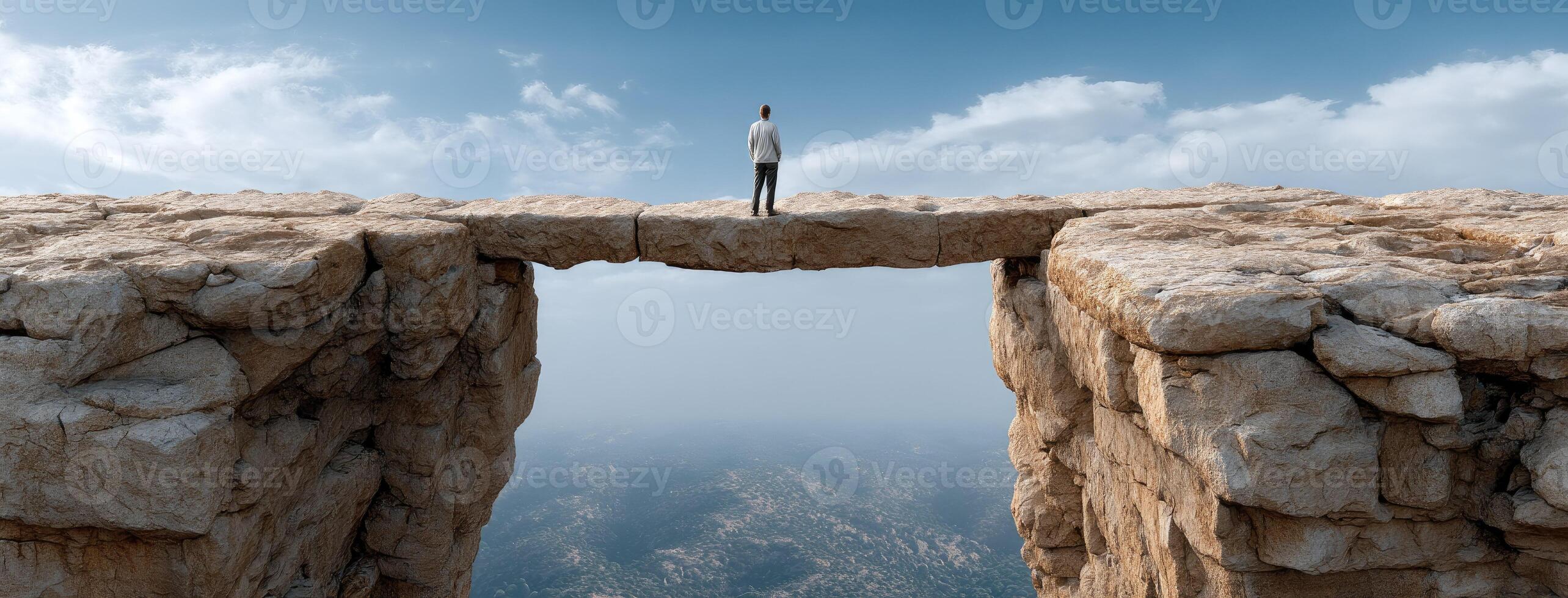 A man standing on a cliff edge looking over a gap photo