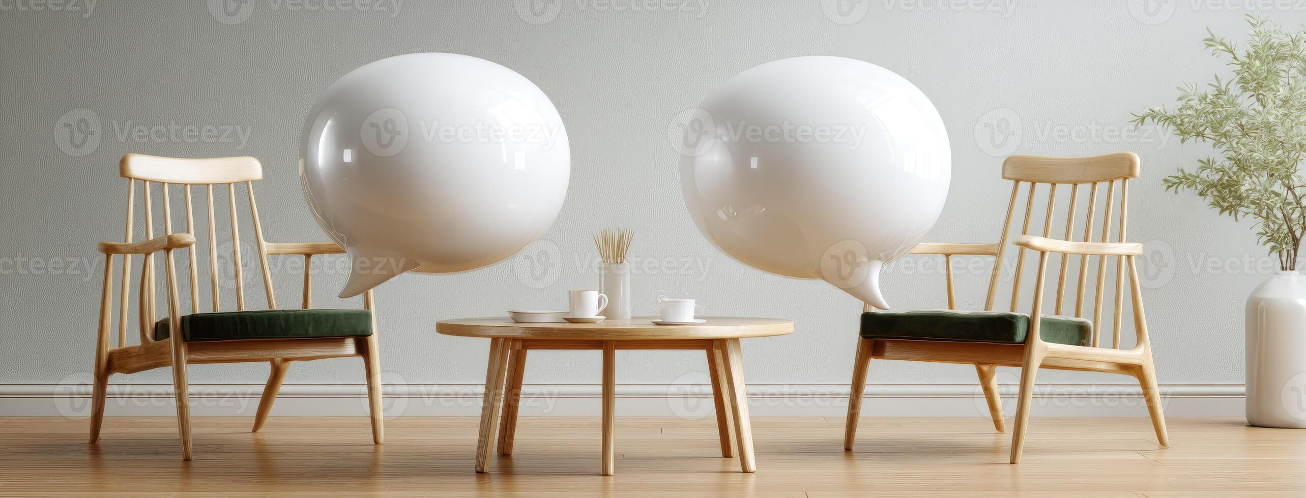 Two chairs and a table with two large balloons photo