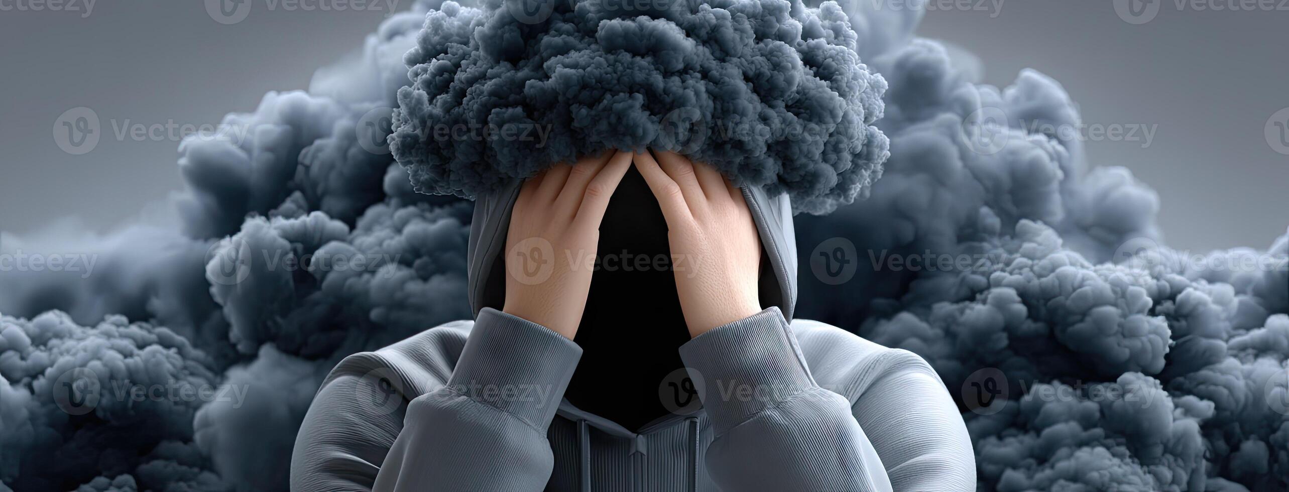 A person with a hoodie covering their face with clouds photo
