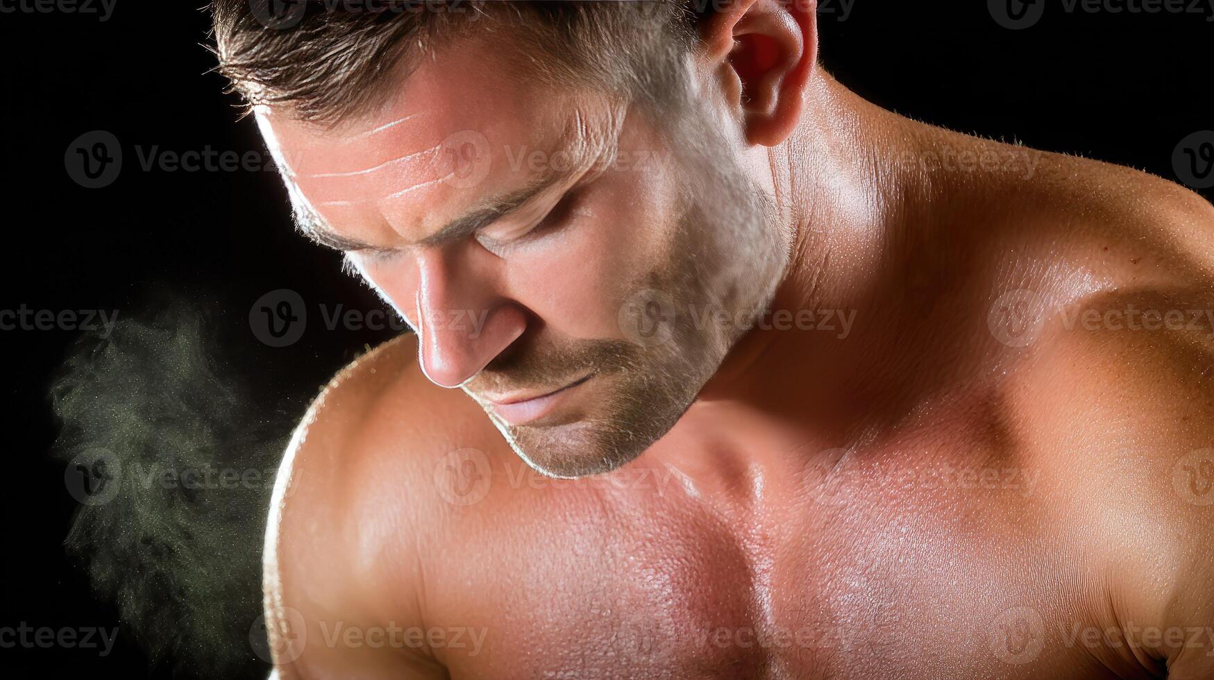 A man with no shirt on is smoking photo