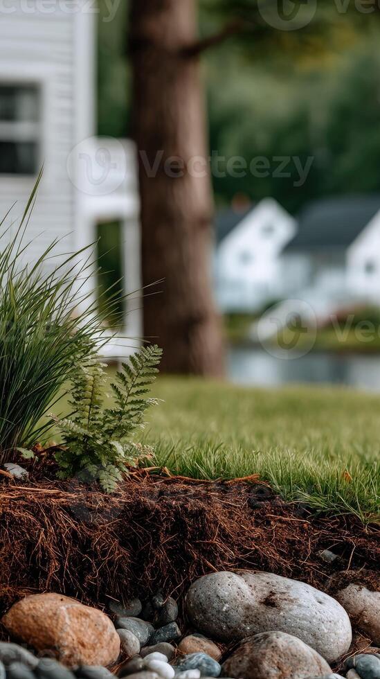 A lawn with rocks and grass in front of a house photo