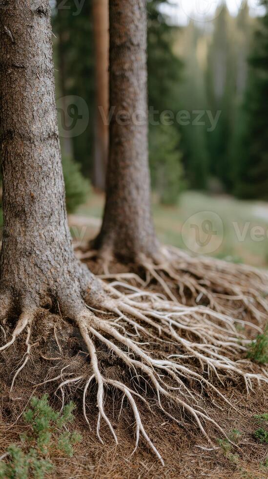 A close up of the roots of two trees photo