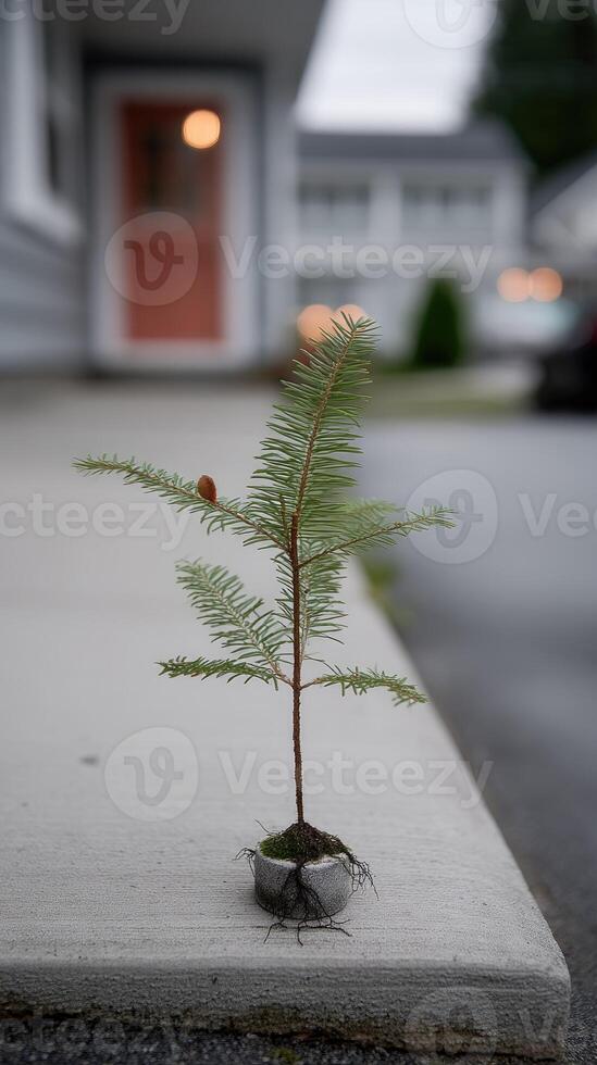 A small tree is growing in a pot on the sidewalk photo