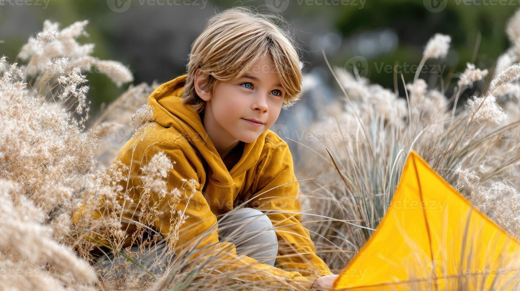 A young boy sitting in tall grass with a yellow kite photo