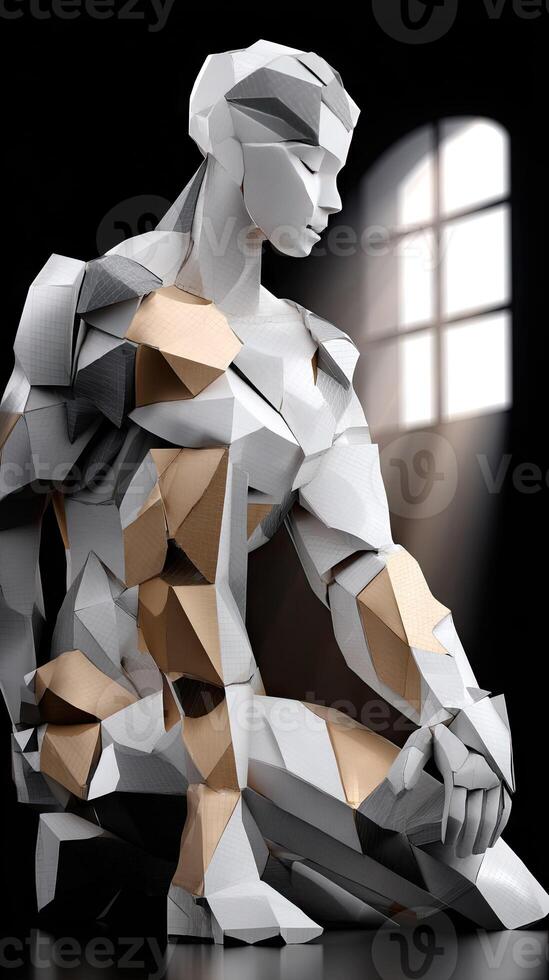 A sculpture made of paper with a man sitting on it photo