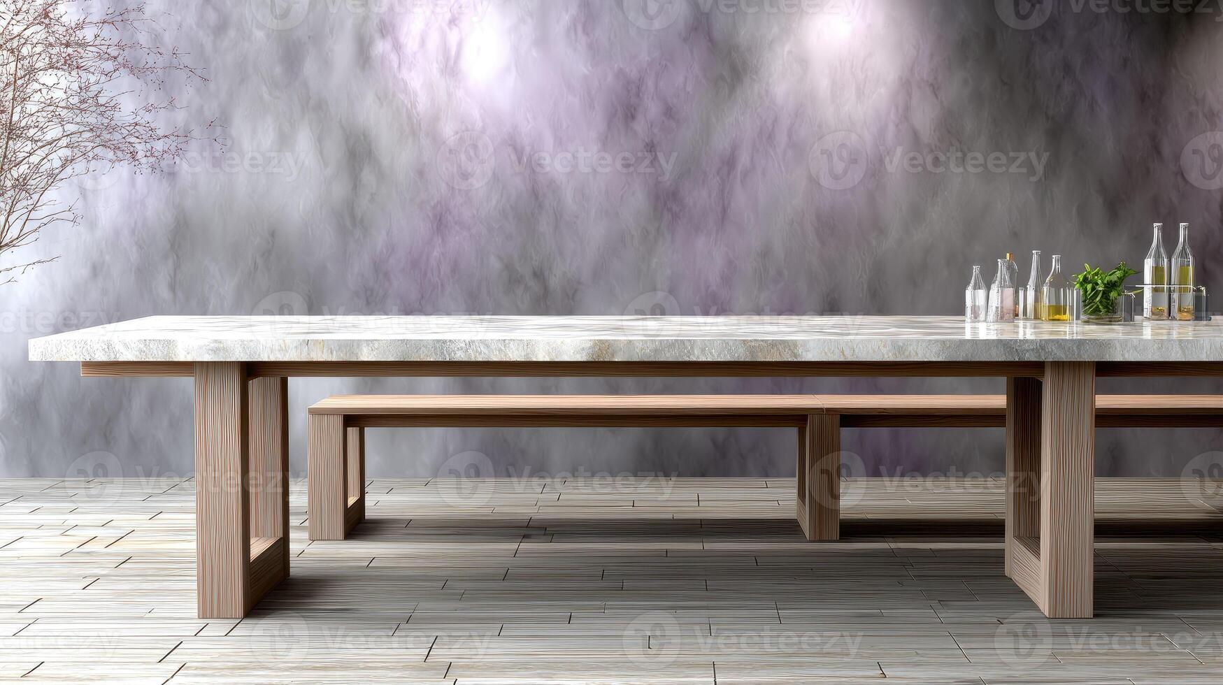 A table with two benches and a bottle of wine photo