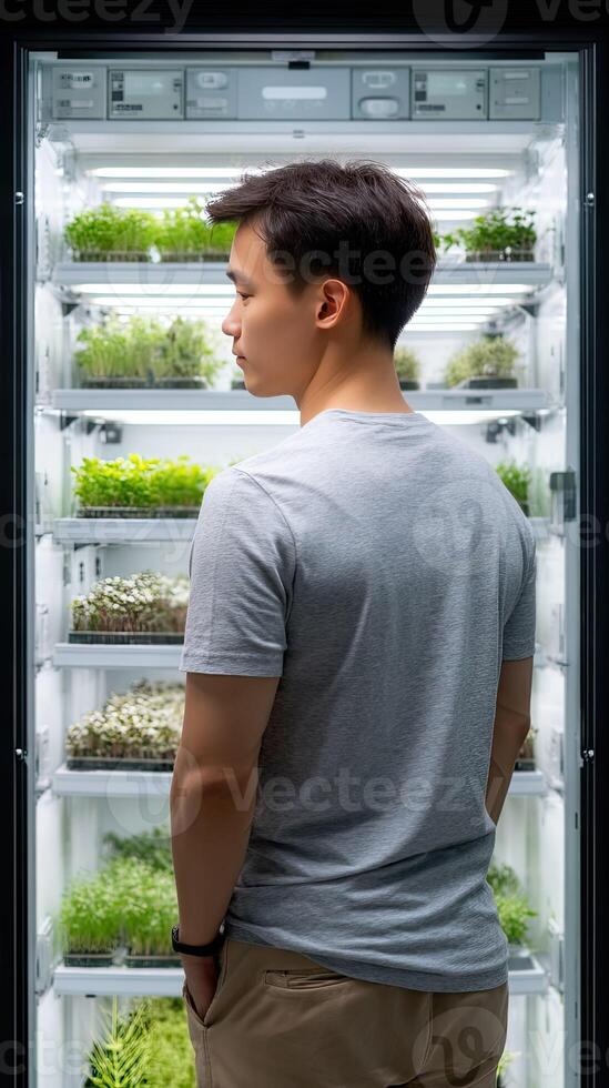 A man standing in front of a refrigerator with plants inside photo