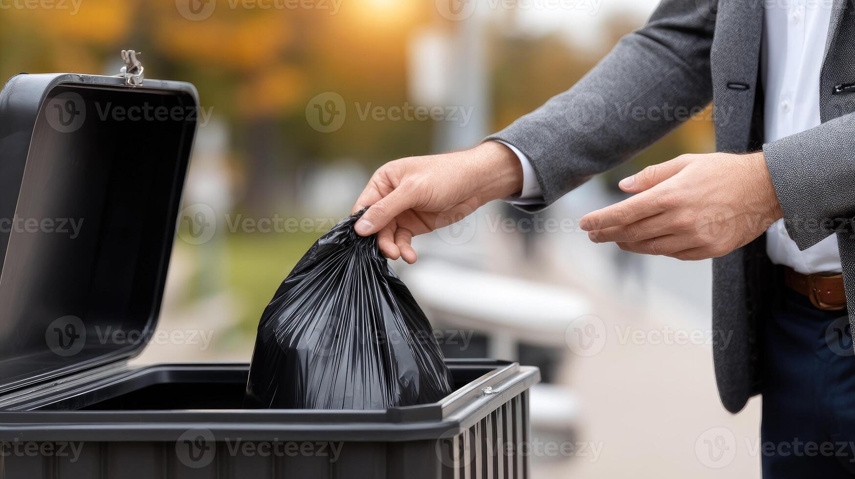 A man in a suit is putting a black garbage bag into a trash can photo