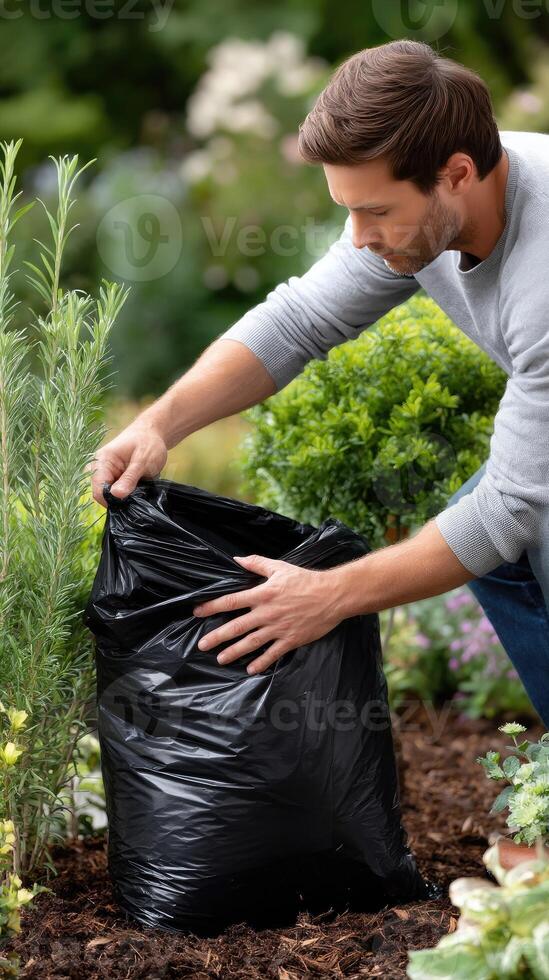 A man is picking up a black garbage bag photo