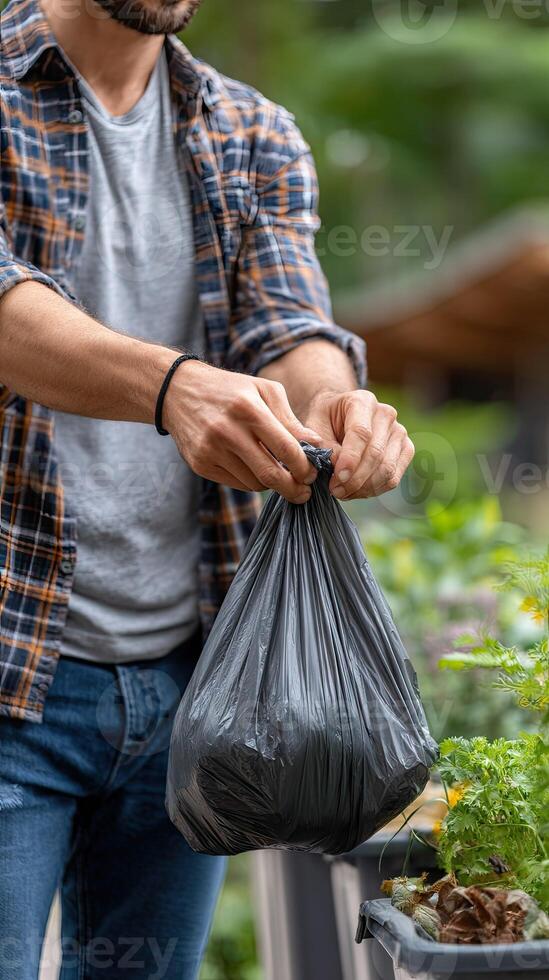 Man picking up trash in a garden photo