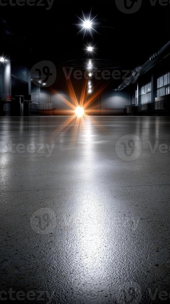 An empty warehouse with a bright light shining through the windows photo