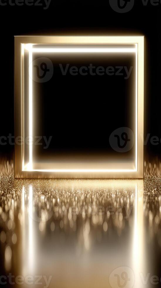 Gold frame with glowing light on a black background photo