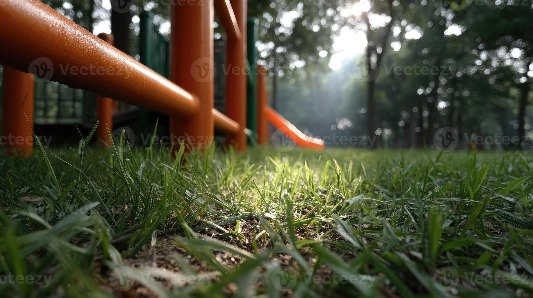 Colorful playground at sunset in urban park on the west coast with slides and play structures surrounded by green grass photo