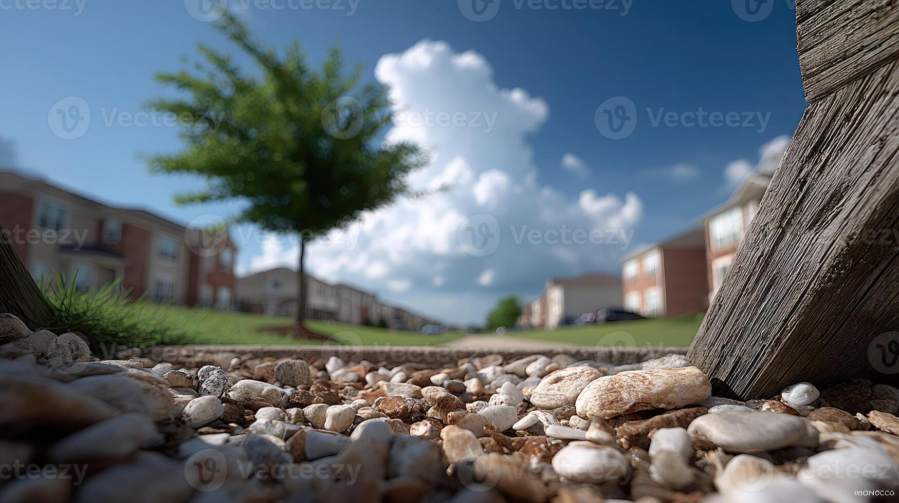 A view of a gravel path with a tree in the background photo