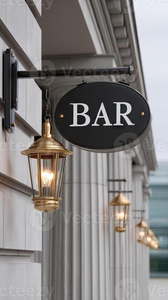 A bar sign on a building with two lamps photo