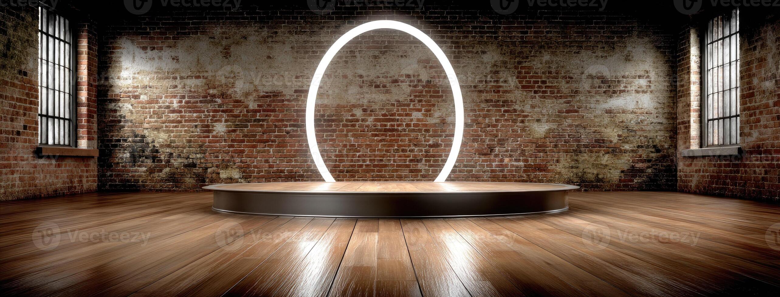 A circular light in a room with brick walls photo