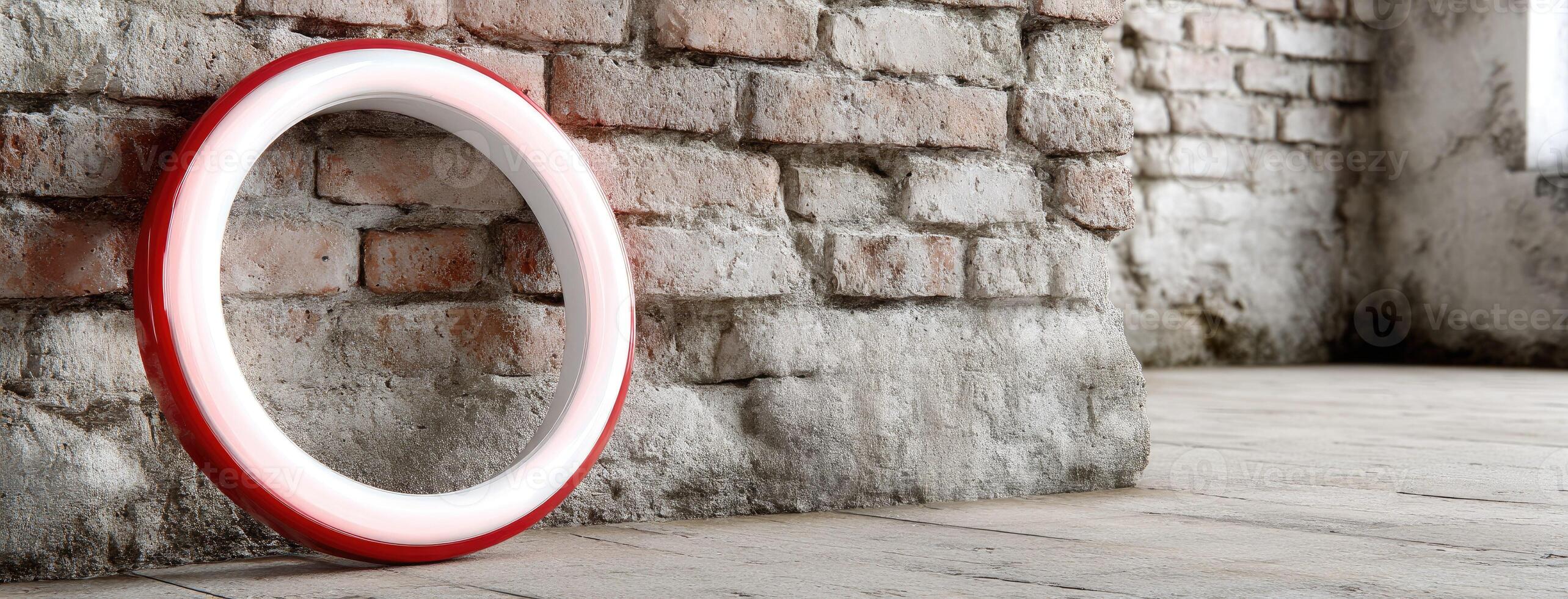 A red and white circular light is sitting on a brick wall photo