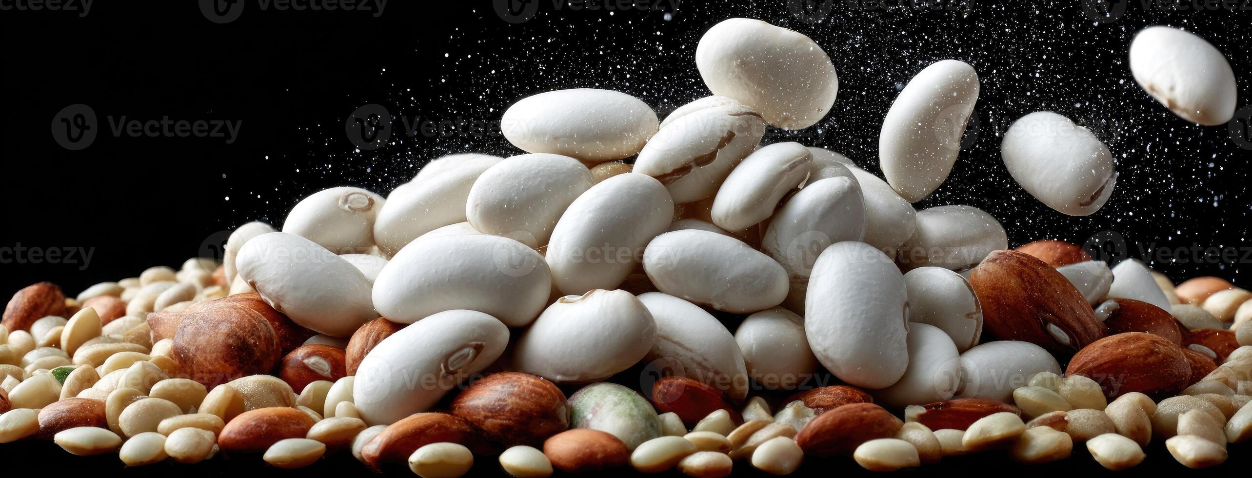 A pile of beans and nuts on a black background photo
