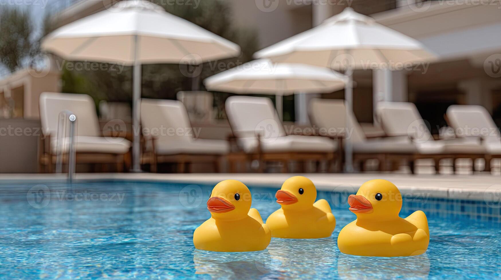 Three yellow rubber ducks in a pool photo