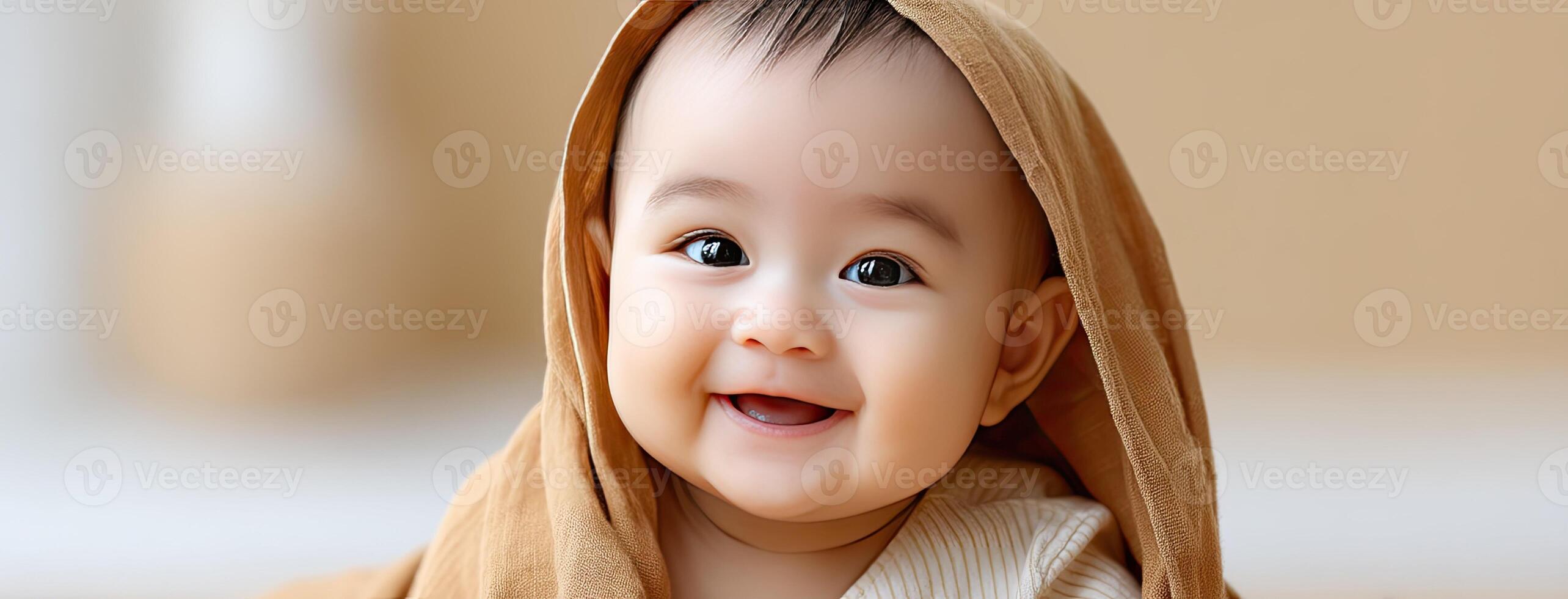 A baby smiling while wearing a brown blanket photo