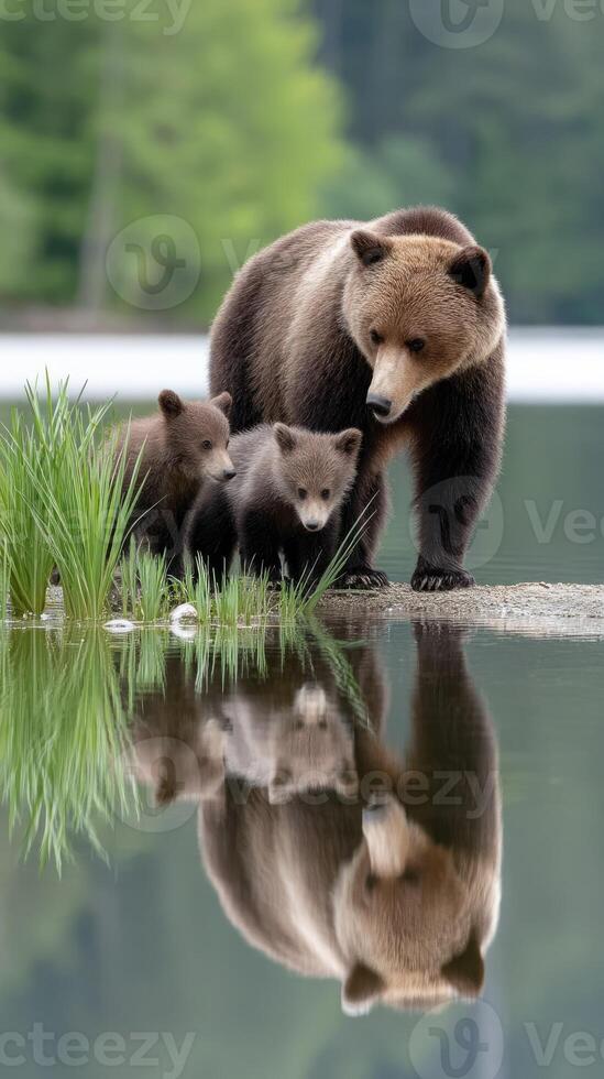 A mother bear and her cubs are standing in the water photo