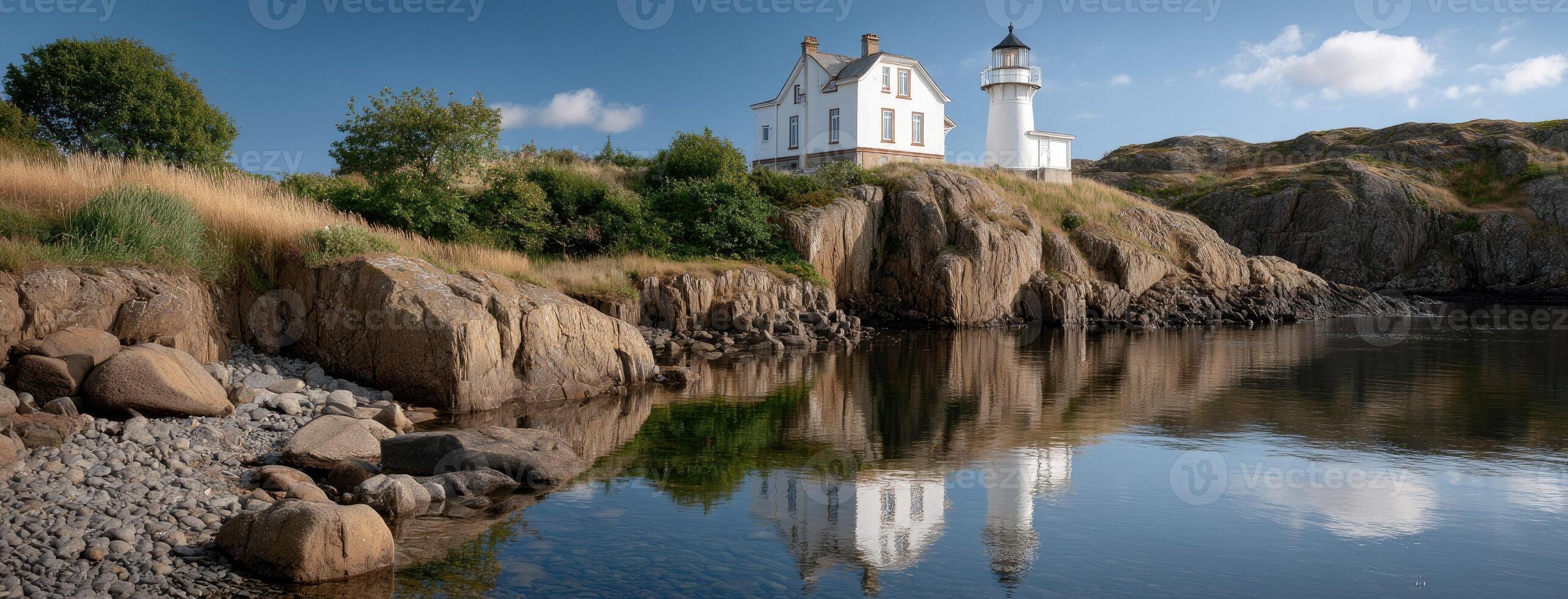 A lighthouse sits on a rocky shoreline with a body of water photo
