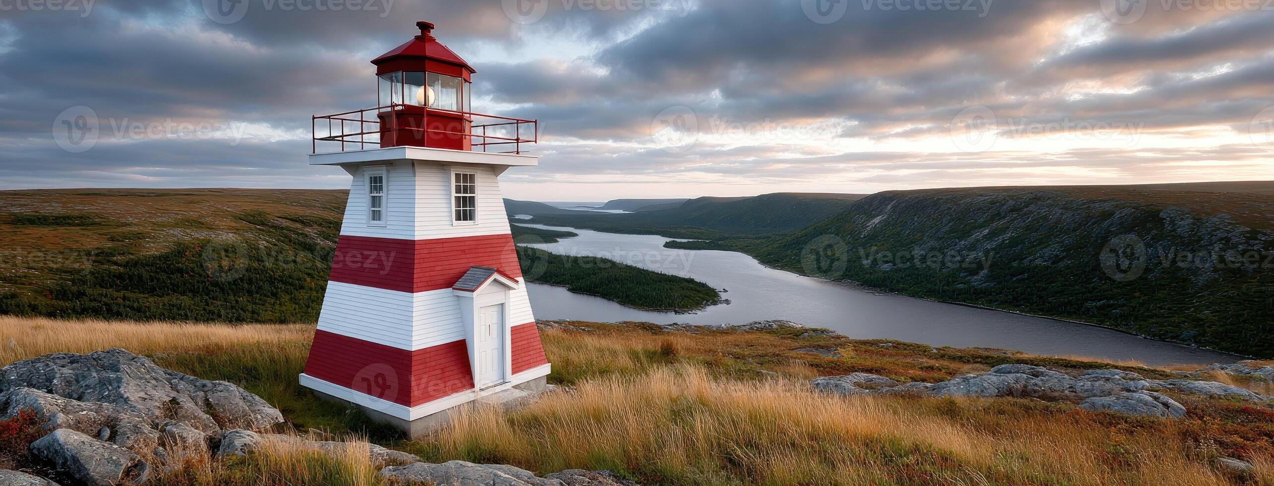 A red and white lighthouse stands on top of a hill photo