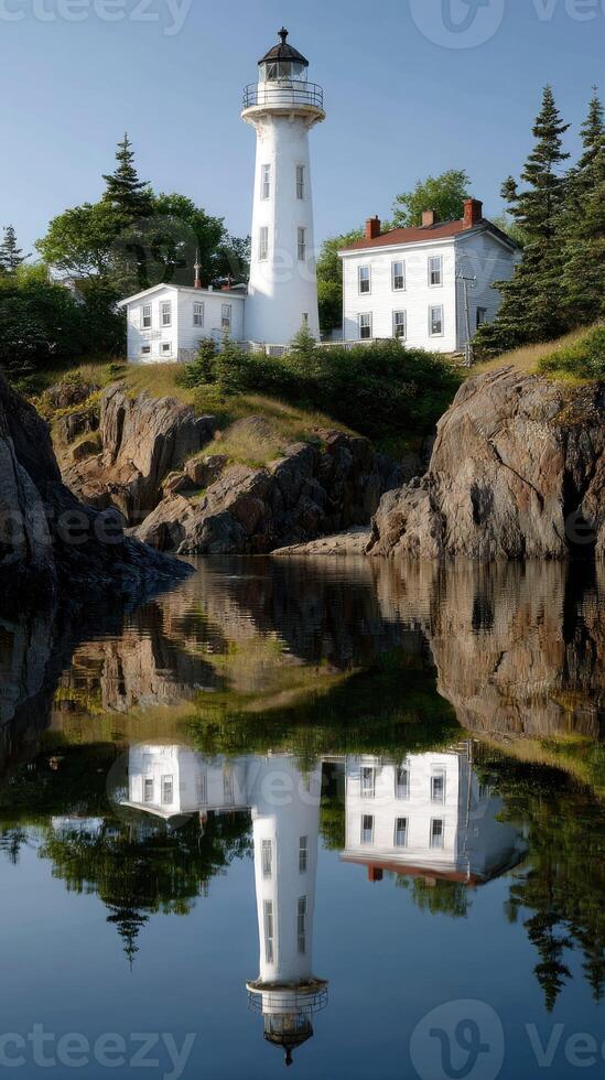 A lighthouse is reflected in the water photo