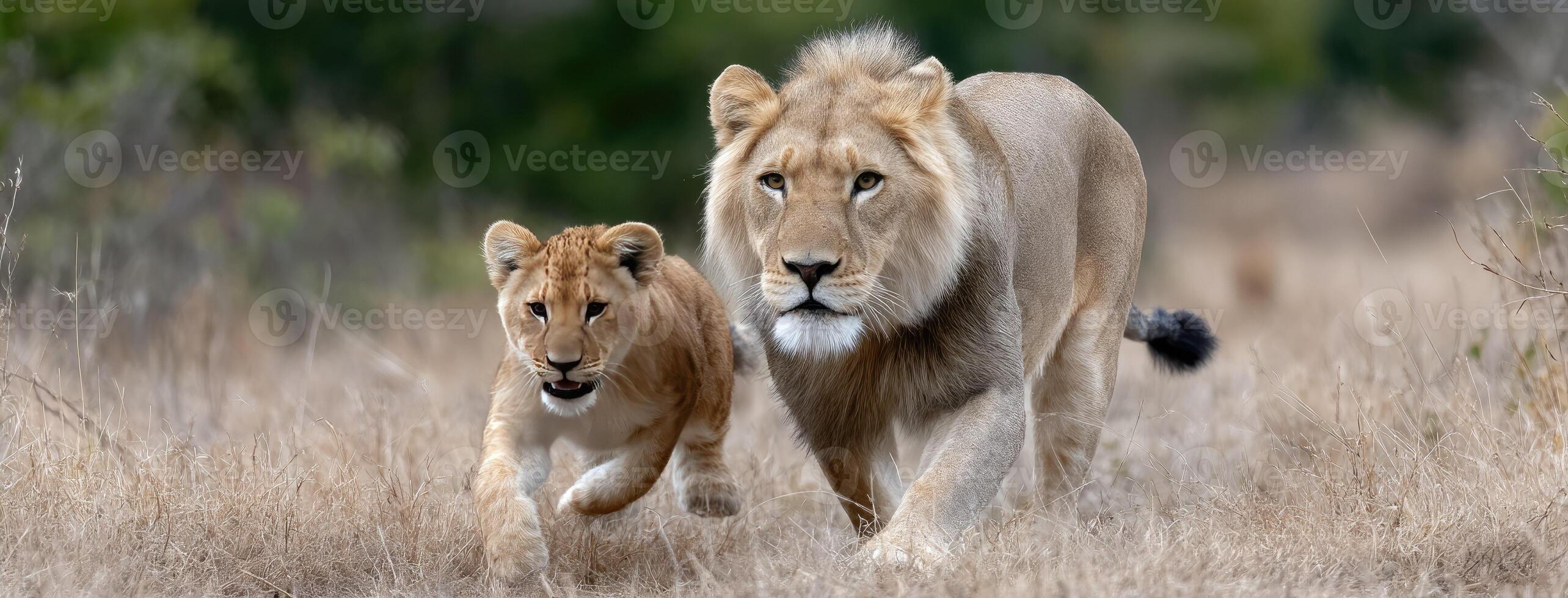 Two lions running through the grass photo
