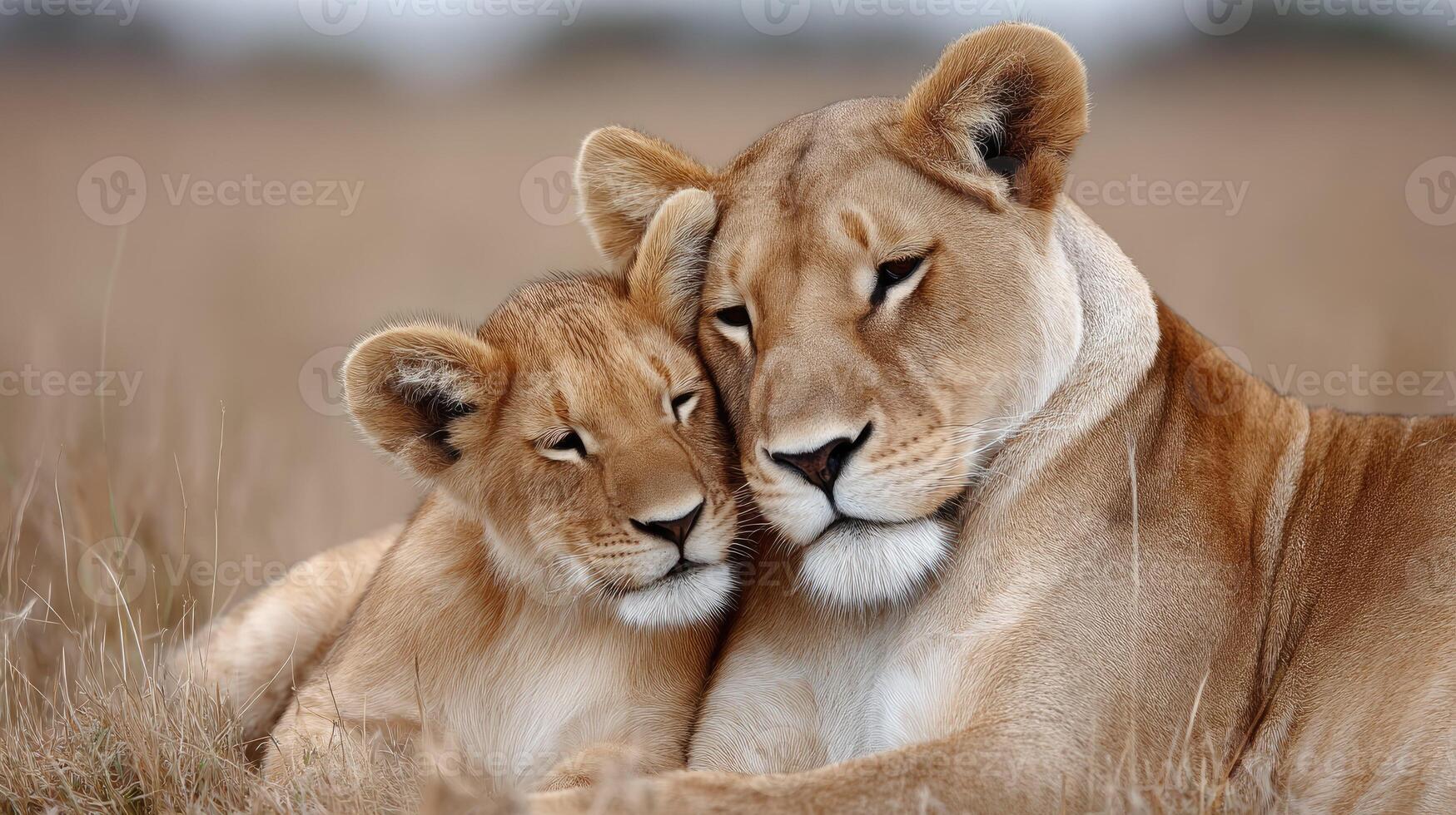 Lioness and cubs in the grass photo