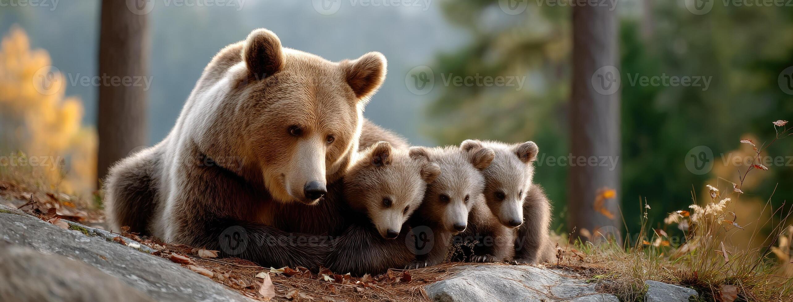 A mother bear and her cubs are sitting on the ground photo