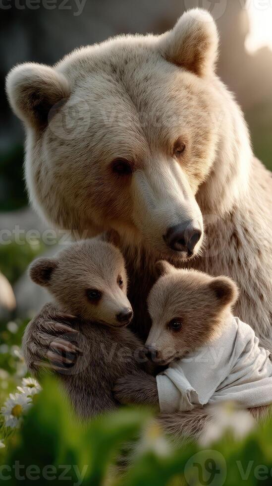 A bear and two cubs are sitting in the grass photo