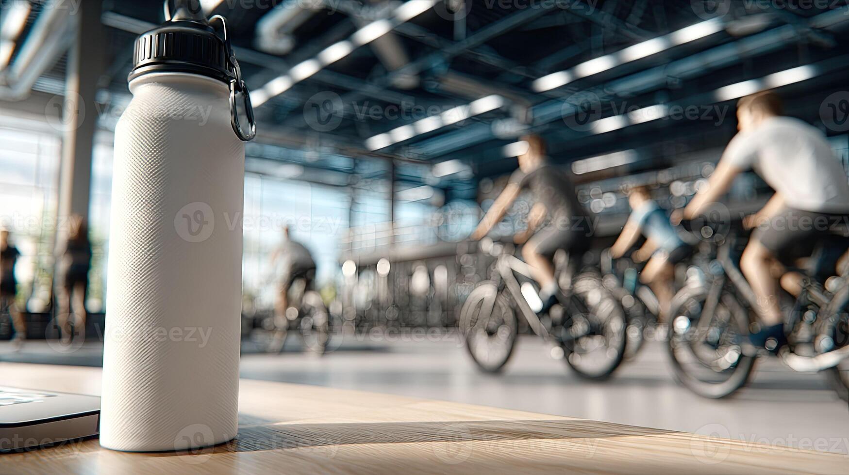 A white water bottle sitting on a table in front of a laptop photo