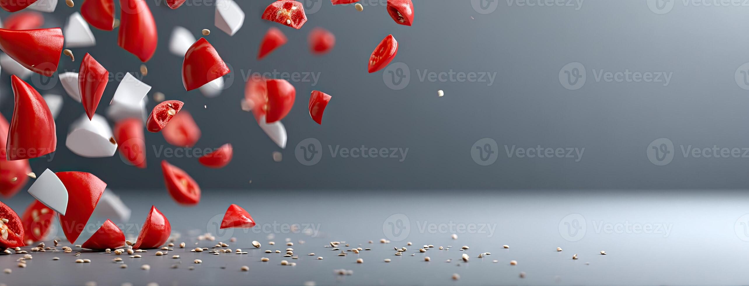 Red and white pepper falling from the air photo