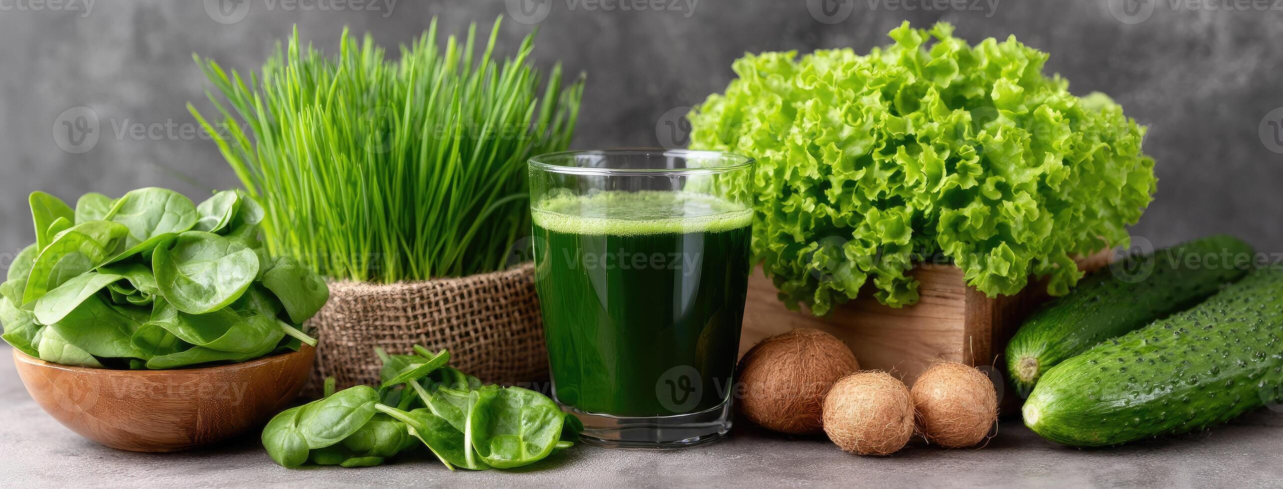 Green juice with vegetables and fruits photo
