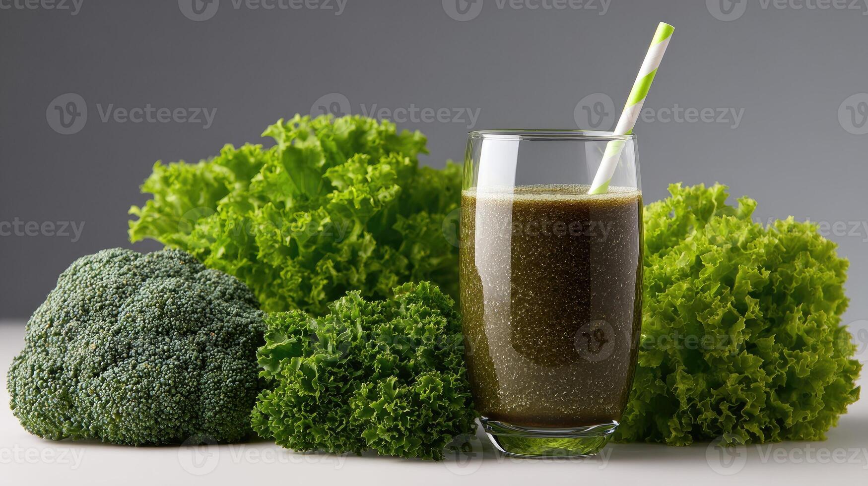 A glass of green smoothie next to some broccoli photo
