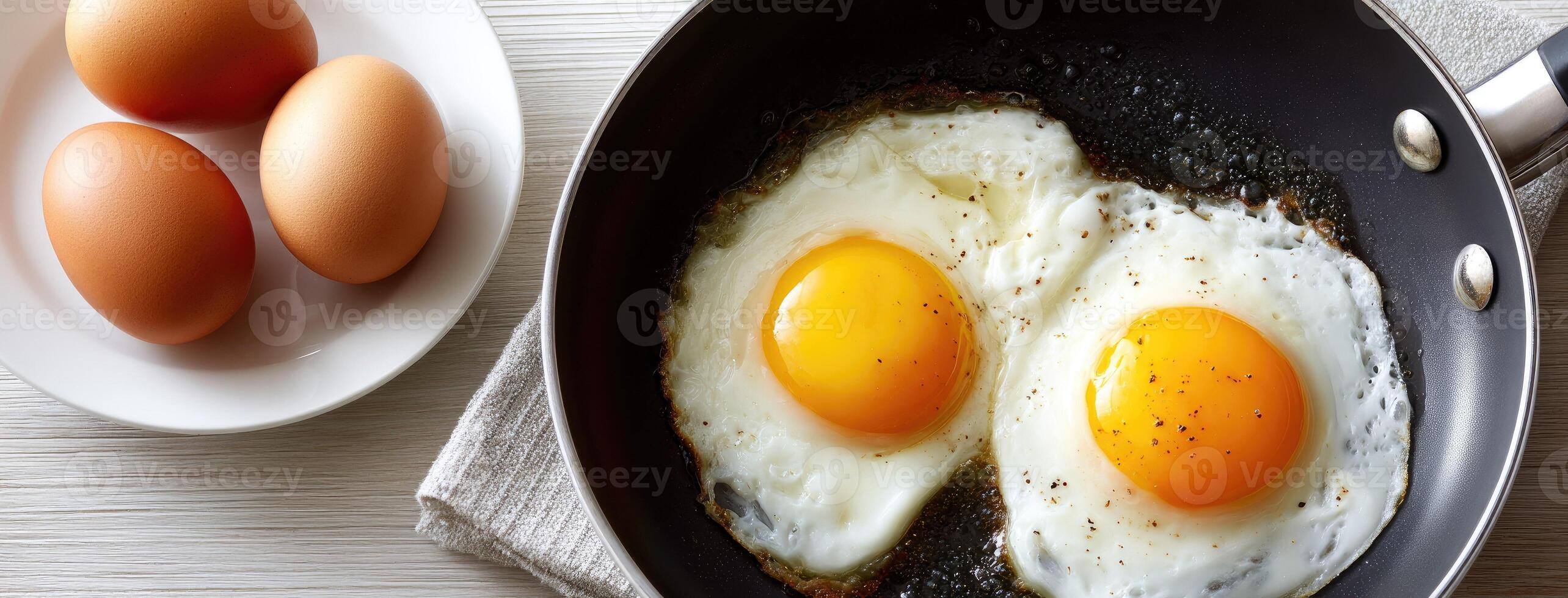 Two eggs are frying in a pan photo
