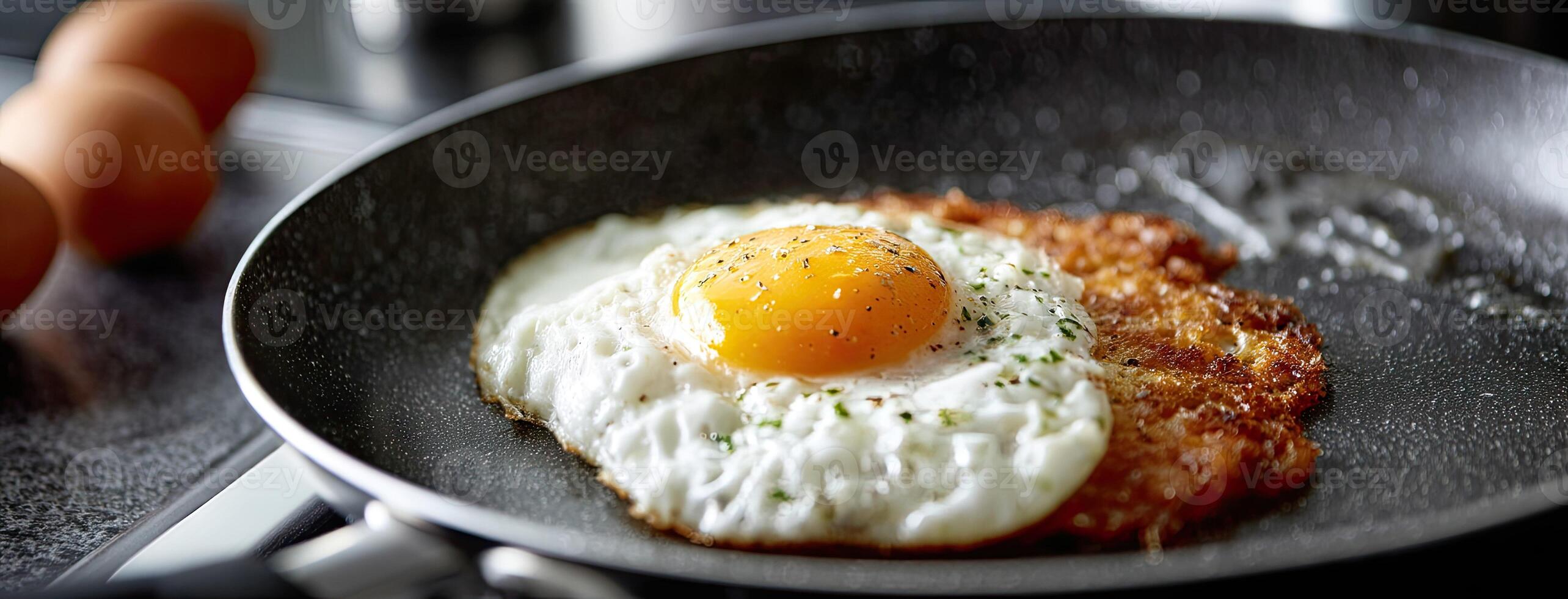 An egg is frying in a frying pan photo