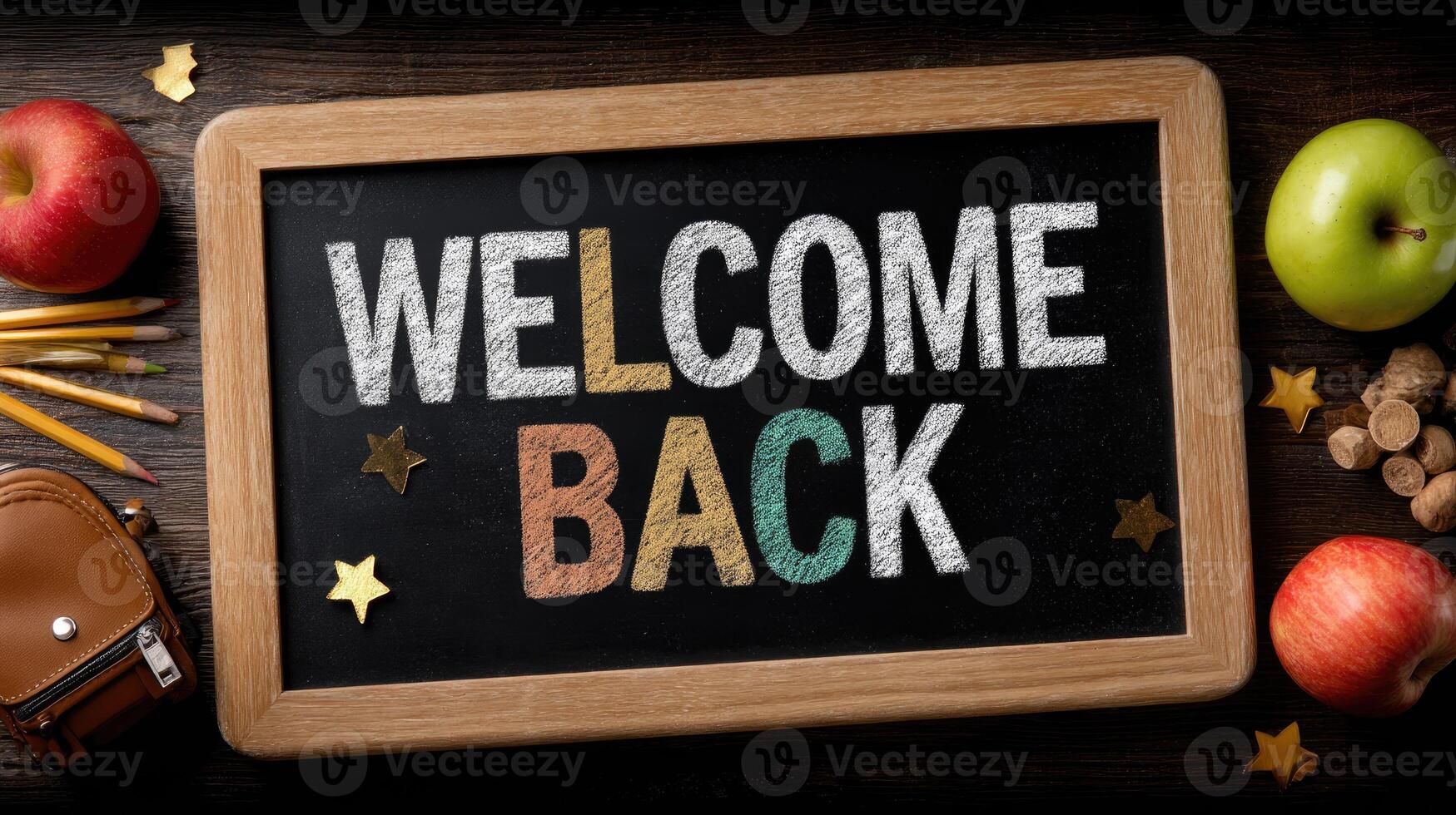 Welcome back sign with apples, pencils, and backpacks photo