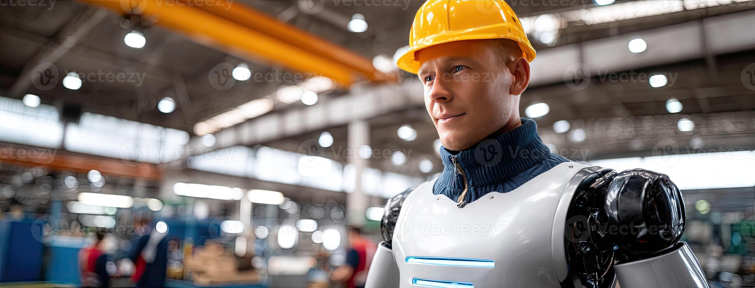 A robot in a factory with a hard hat photo