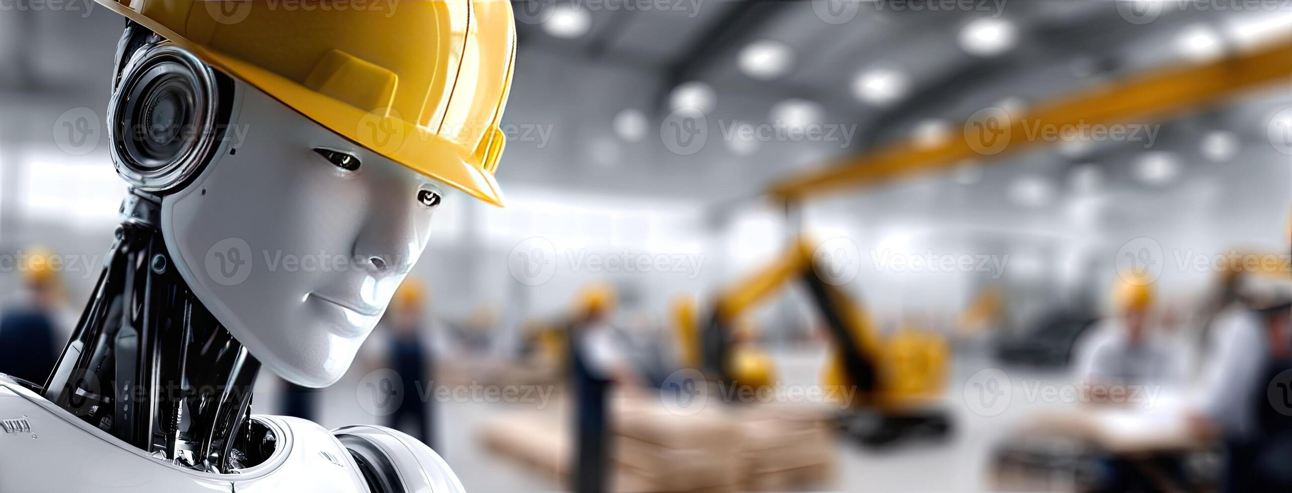 A robot wearing a hard hat in a factory photo