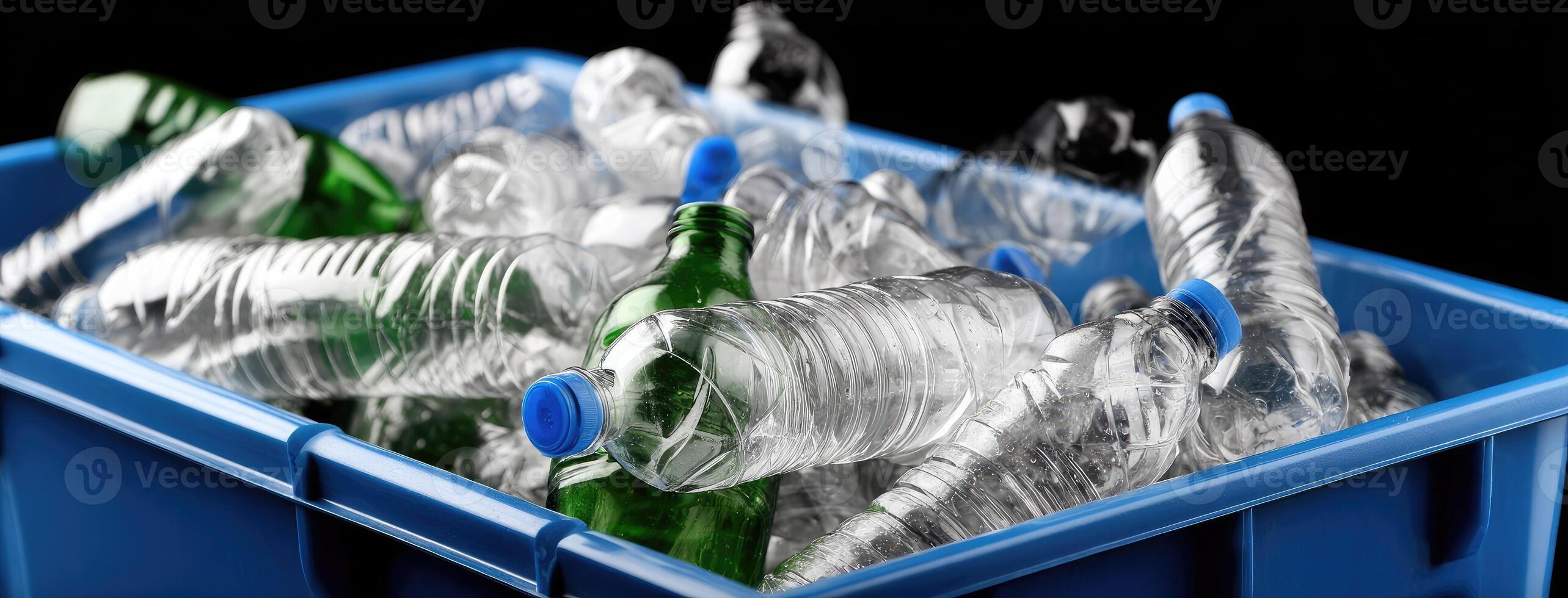 A blue plastic container filled with plastic bottles photo