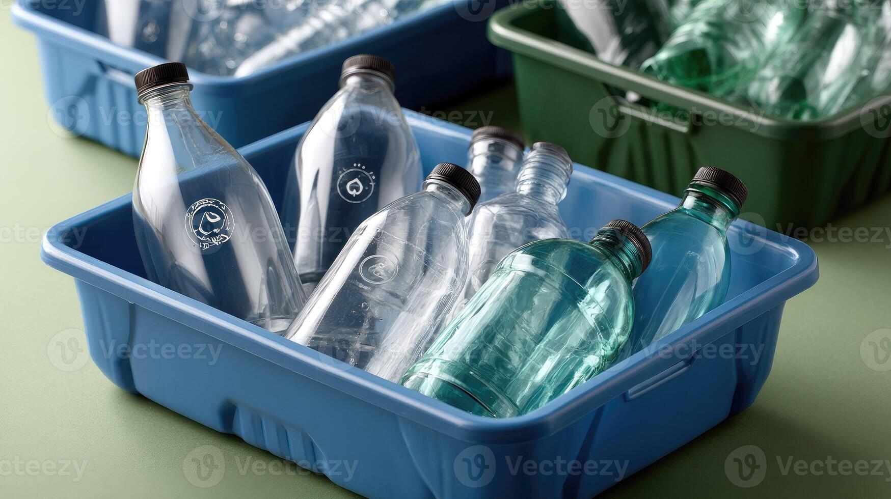 A blue container with empty plastic bottles in it photo