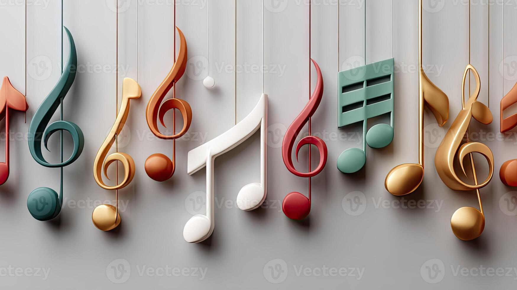 Colorful musical notes hanging from strings on a wall photo